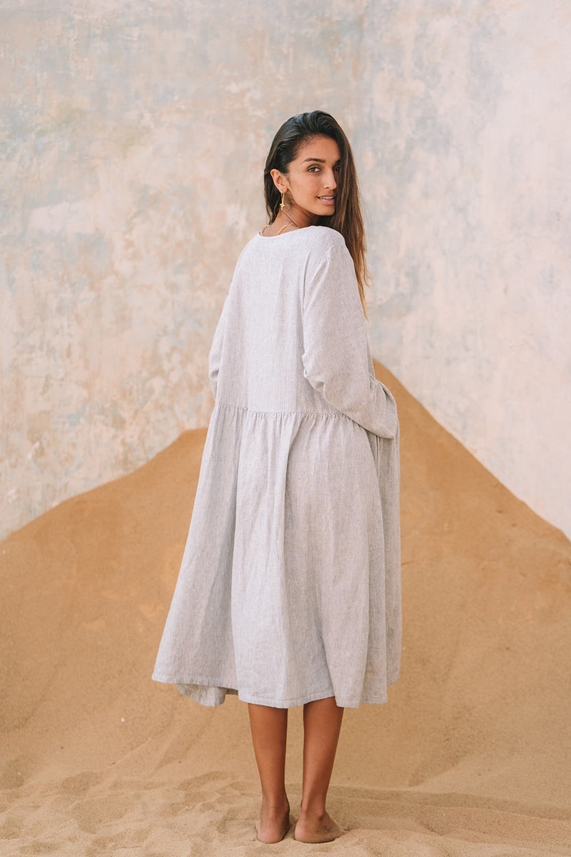 Portofino Linen Dress | Grey Pinstripe